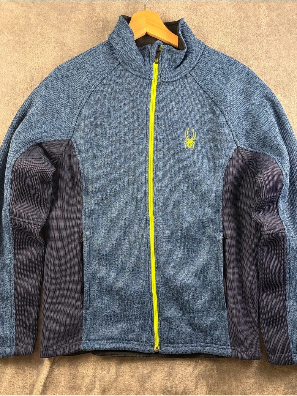 Spyder Men's Blue Heather Full-Zip Warm Jacket with Neon Yellow Accent